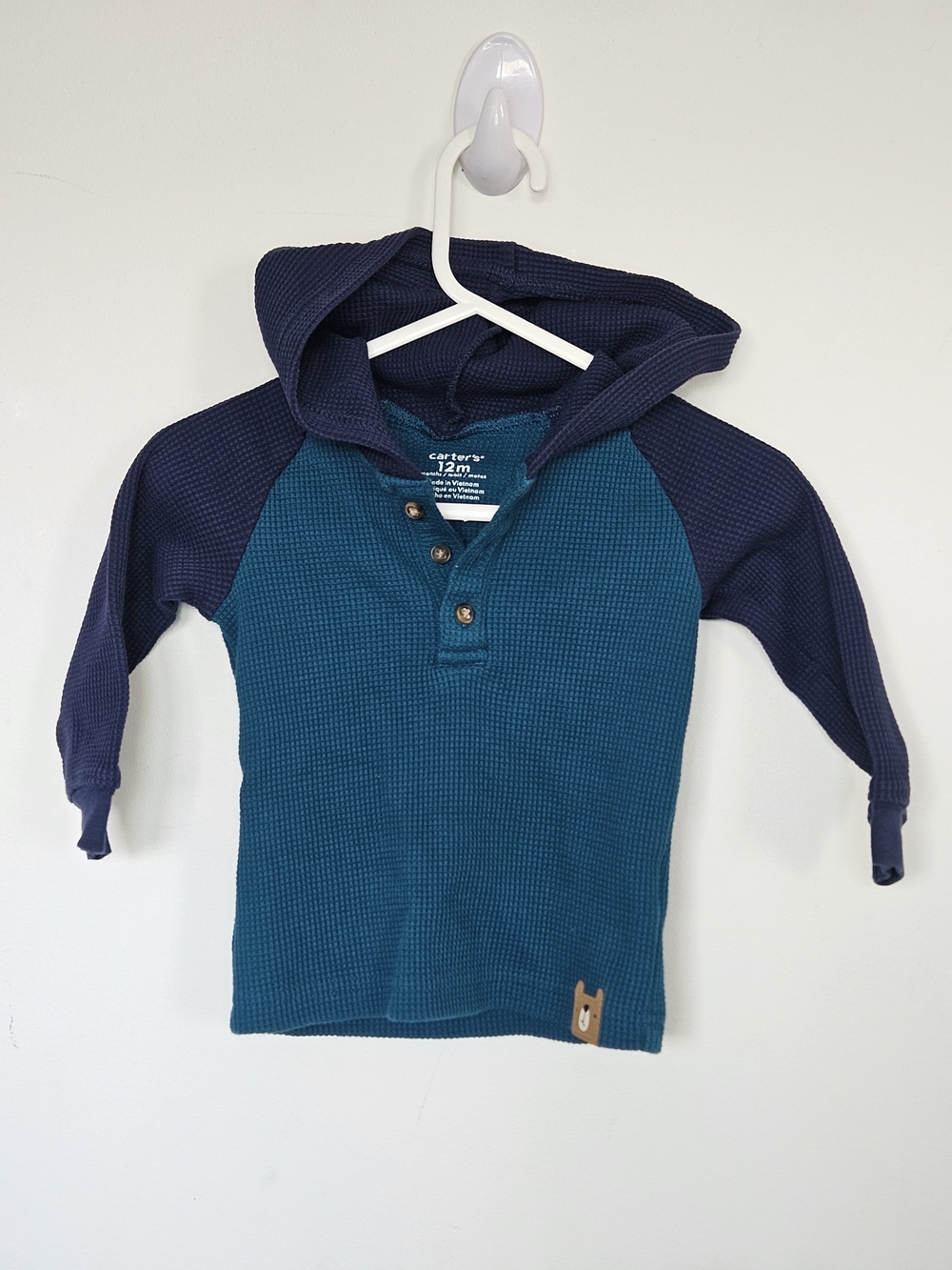 Carter's Baby Boy Waffle Knit Hoodie 12 Months Blue Navy Henley Hooded Top